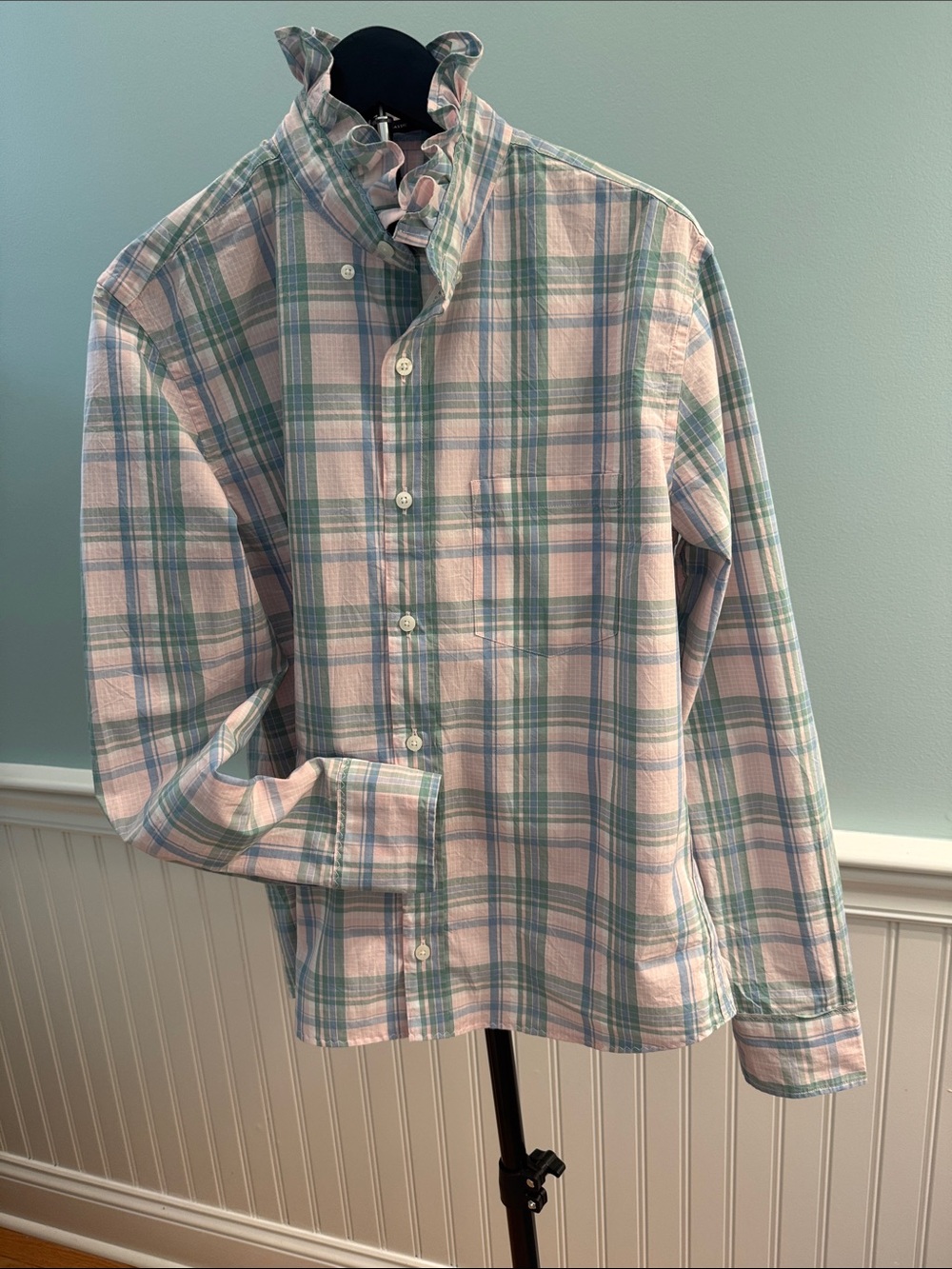 Reimagined men’s JCrew Pink and Green Plaid Ruffle Collar Button-Down Blouse
